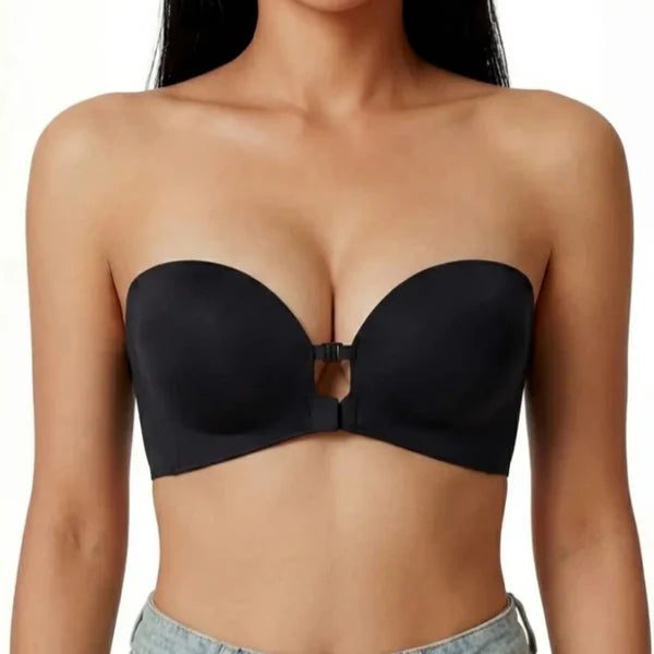 Sostén strapless sin varilla con cierre frontal push up, acolchado, antideslizante tipo tubo, Jelly Bra