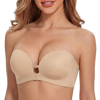 Sostén strapless sin varilla con cierre frontal push up, acolchado, antideslizante tipo tubo, Jelly Bra