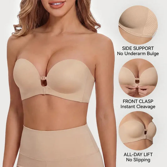 Sostén strapless sin varilla con cierre frontal push up, acolchado, antideslizante tipo tubo, Jelly Bra
