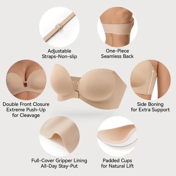 Trägerloser BH mit Frontverschluss, ohne Bügel, Push-Up, gepolstert, rutschfest, Tube Jelly BH